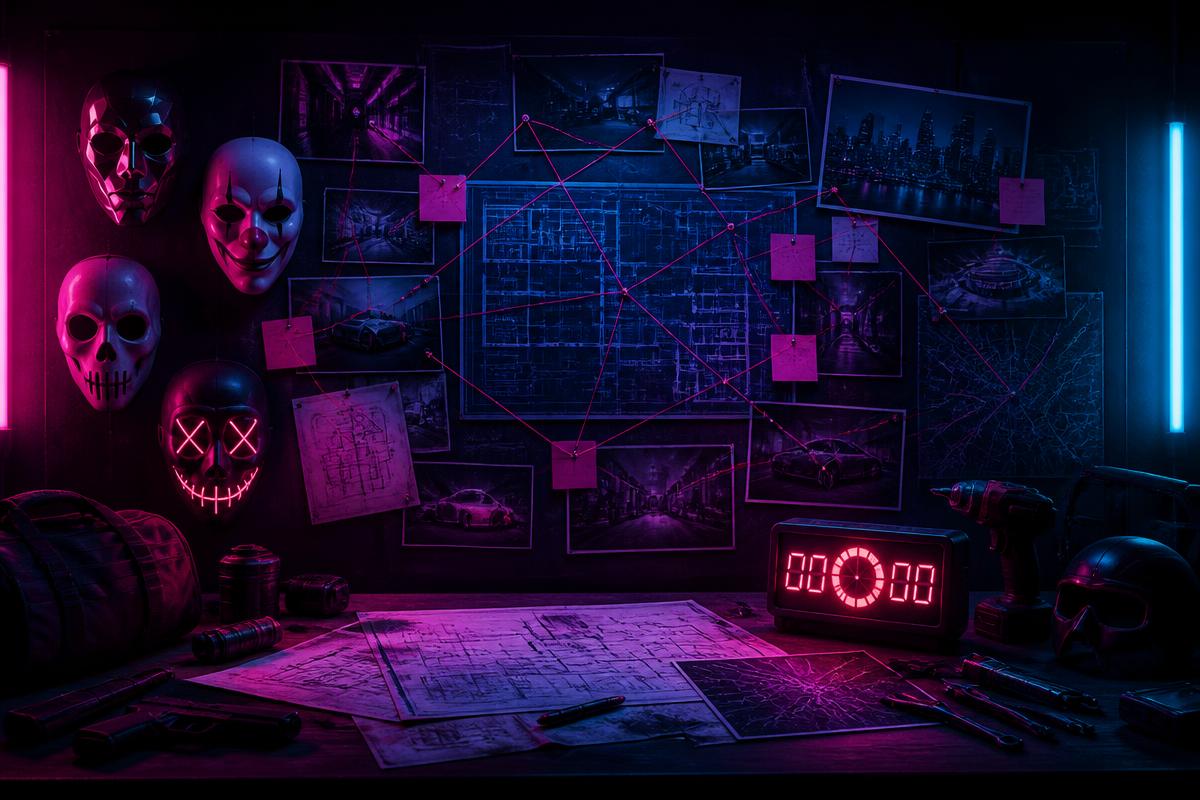 Mural de planejamento de golpe com máscaras, plantas e cronômetro em luz neon