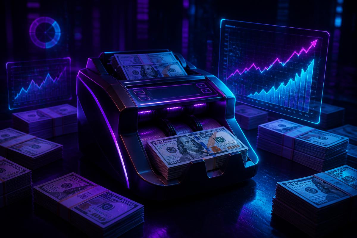 Máquina de contar dinheiro com gráficos de lucro em neon, ilustrando a calculadora de lucro do GTA Online
