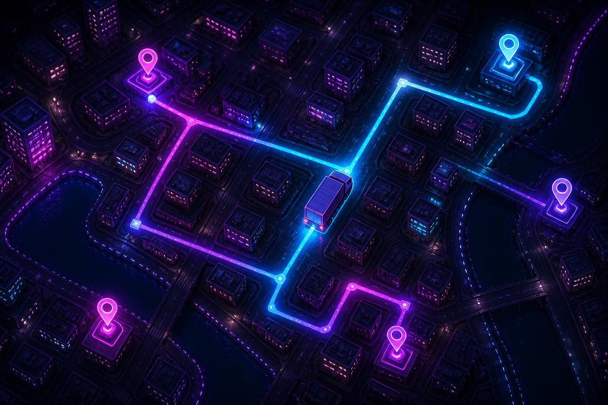 Mapa da cidade em neon com rotas de entrega brilhantes e caminhão de carga